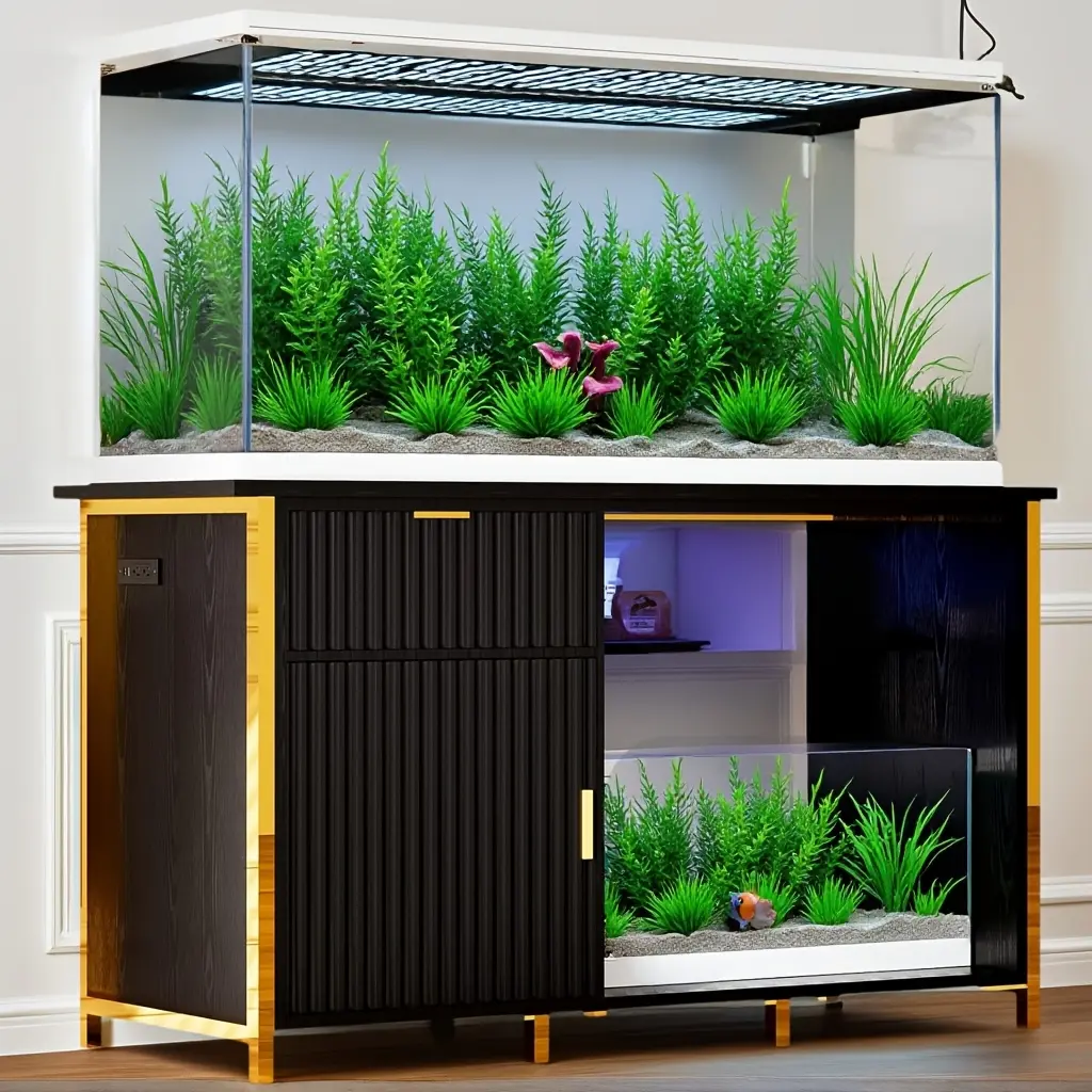 [SummerWins] HOMBCK 55-75 Gallon Fish Tank Stand with Power Outlets, LED Light,Vertical Lines, Heavy Duty Aquarium Stand with Cabinet for Fish Tank Accessories Storage, Turtle Tank, Reptile Terrarium,1100LBS, White Golden And Black Golden#home essentials