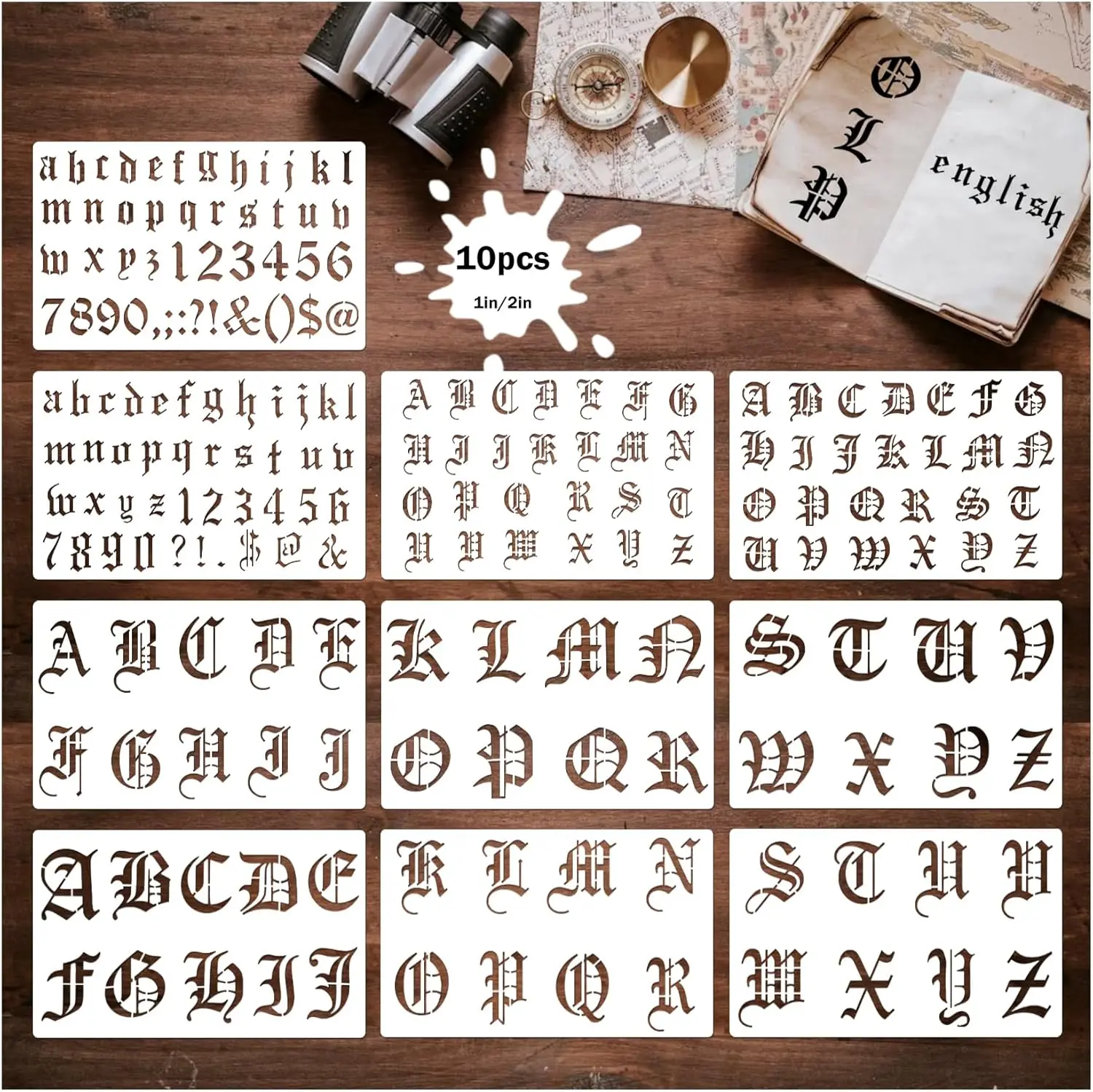 10-Piece Classical Old English Reusable Plastic Stencil Templates - Gothic Font Letters/Numbers (1-2 in), Easy to Clean, Durable, for Adult and Kids DIY Scrapbooking, Journal, Bulletin Boards