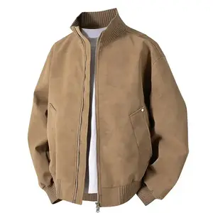 Men's Brown Suede Baseball Jacket - Loose fit with ribbed trim and cuffs, casual urban style fashionable jacketRAIMENTRY