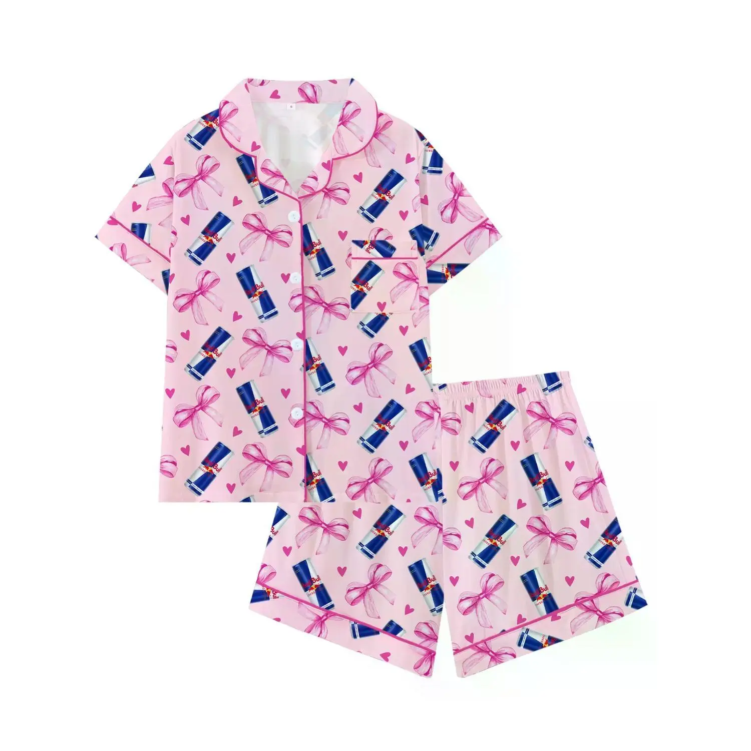 Coquette Aesthetic Pink Bow Pajama Set | Whimsical Energy Drink Graphic Sleepwear | Soft Knit Short Sleeve Button Down Lounge Ensemble | Adorable 2-Piece Summer PJs | Playful Novelty Nightwear Gift for Teen Girls | Comfortable Loungewear