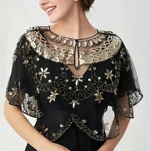 1pc Elegant 1920s Style Beaded Sequin Shawl - Polyester Vintage Lace Sle for Women, Embroidered Decorative Wrap for Weddings, Evening Gowns, and Formal Events, 100% Polyester, Hand Wash Only-G