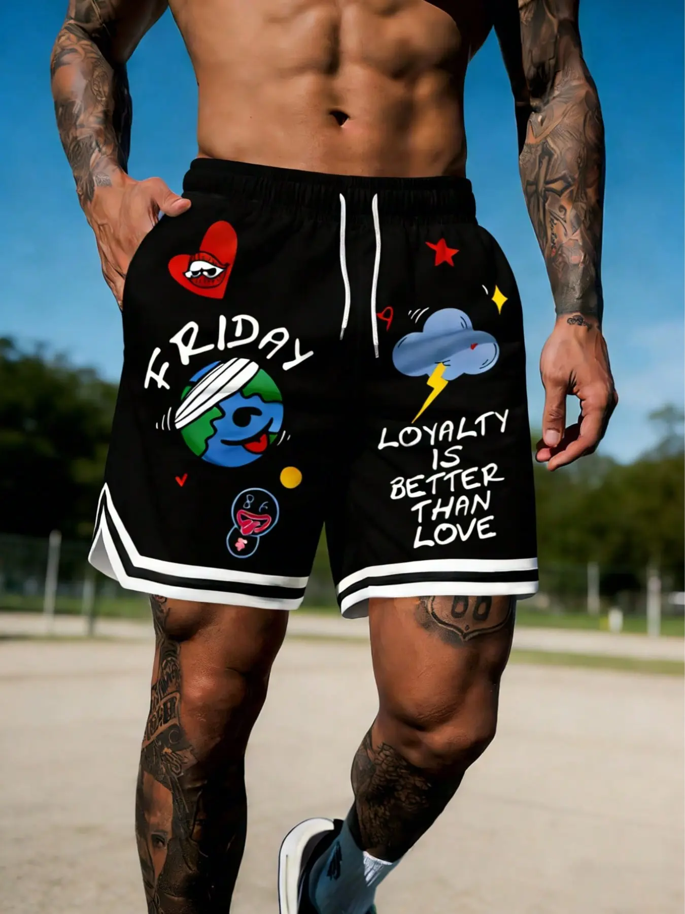 Men's American Street Style Graffiti Print Basketball Shorts, Cool Sports Shorts, Fashionable Summer Shorts, Trendy Sporty Design, Loose-Fitting, Perfect for Casual Wear