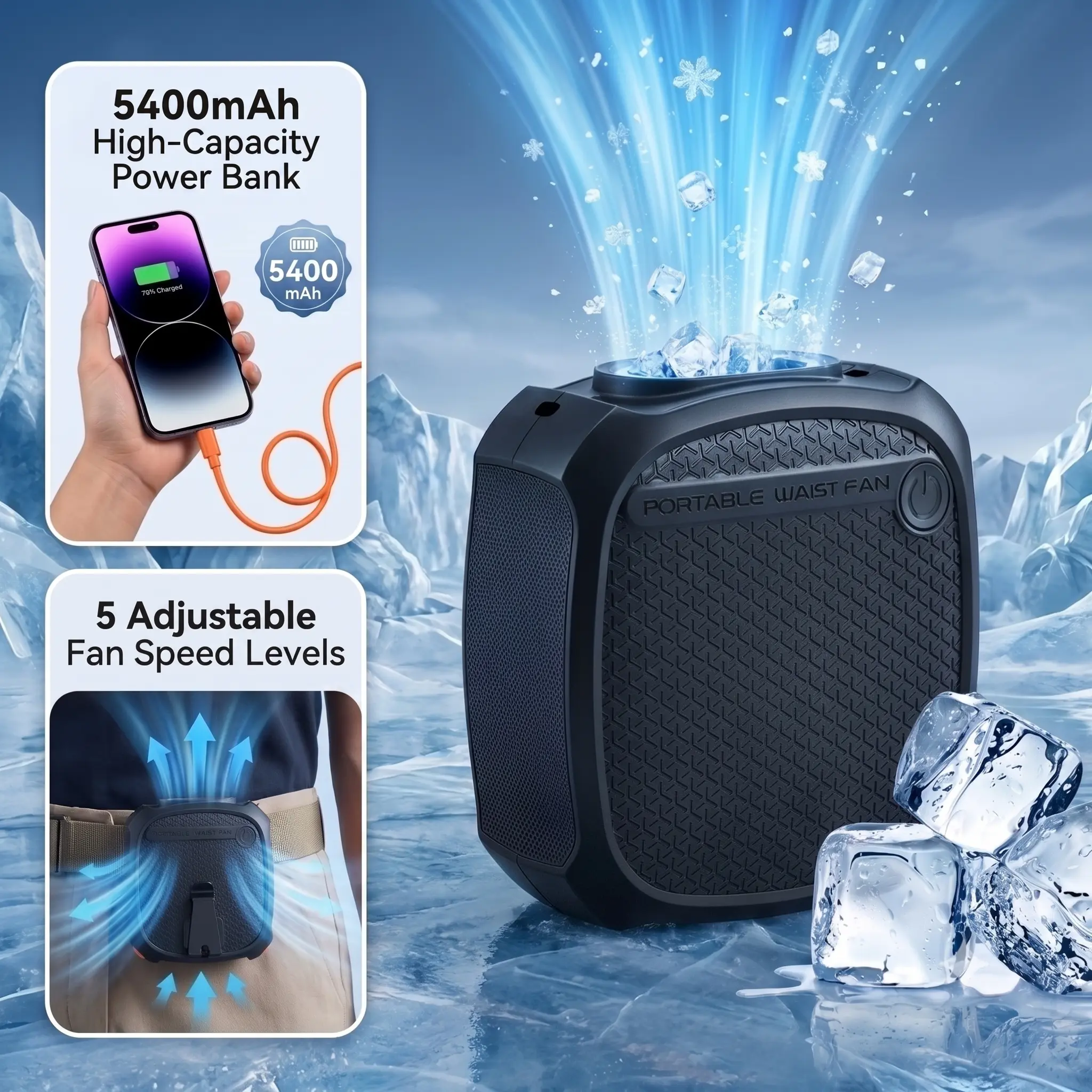 Qawtor 2026 Rechargeable LED Undershirt Waist Outdoor Cooling Fan - 5400 mAh Lithium Battery, 18+ Hrs Runtime, 5-Speed Stepless Adjustable Speeds, Smart LED Display, 4-in-1 Wearable Body/Neck/Desk Cool Tech Gadgets, Rechargeable Clip, for Jobsite, Camping