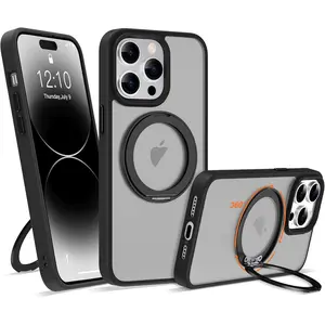 Compatible with iPhone 17 Pro Max 16 15 14 13 Pro Max Plus Cases with 360° Rotatable Magnetic Ring Stand [Compatible with Mag-Safe] Translucent Shockproof Protective Phone Case for Women Men, Black