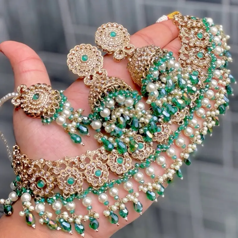 Pakistani Polki Choker Set with Jhumkas, Tikka and Stone Work for Wedding Occasions
