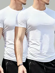 Men's 2-Pack Solid Fitted Short Sleeve T-Shirts, High Stretch Quick-Dry Fitness Tops, Summer Workout Training Tight Half-Sleeve Shirts, Athletic Tops