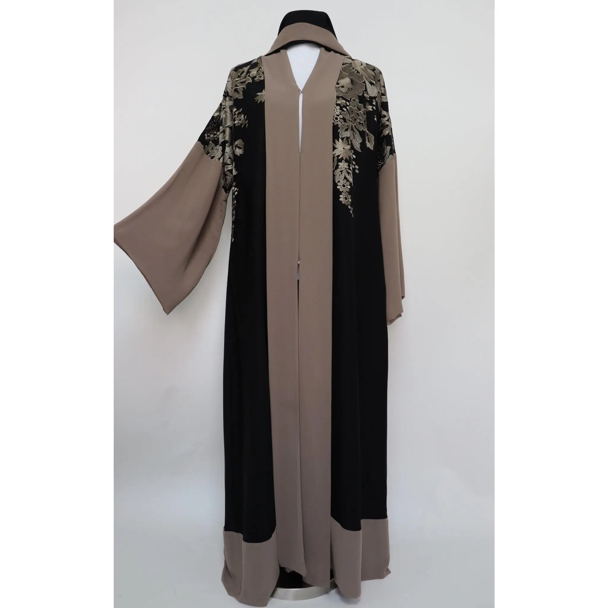 Open Embroidery Abaya - Black Taupe