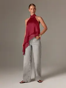 Women's Sleeveless High Neck Lace Trim Asymmetrical Satin Top, Evening Fall Special Occasion Shirt, Elegant Chic Backless Vest