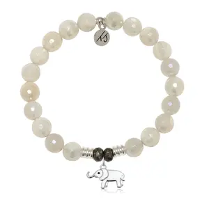 Moonstone Gemstone Bracelet with Lucky Elephant Cutout Sterling Silver Charm