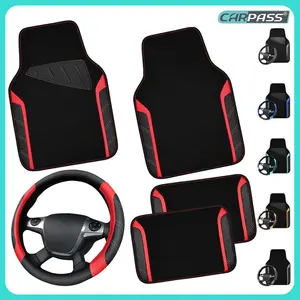 CAR PASS 5pcs Leather Steering Wheel Cover and Waterproof Car Floor Mats,fit for 95% Sedan,SUV,Cars,14.5-15inch Sporty Anti-Slip Safety Comfortable