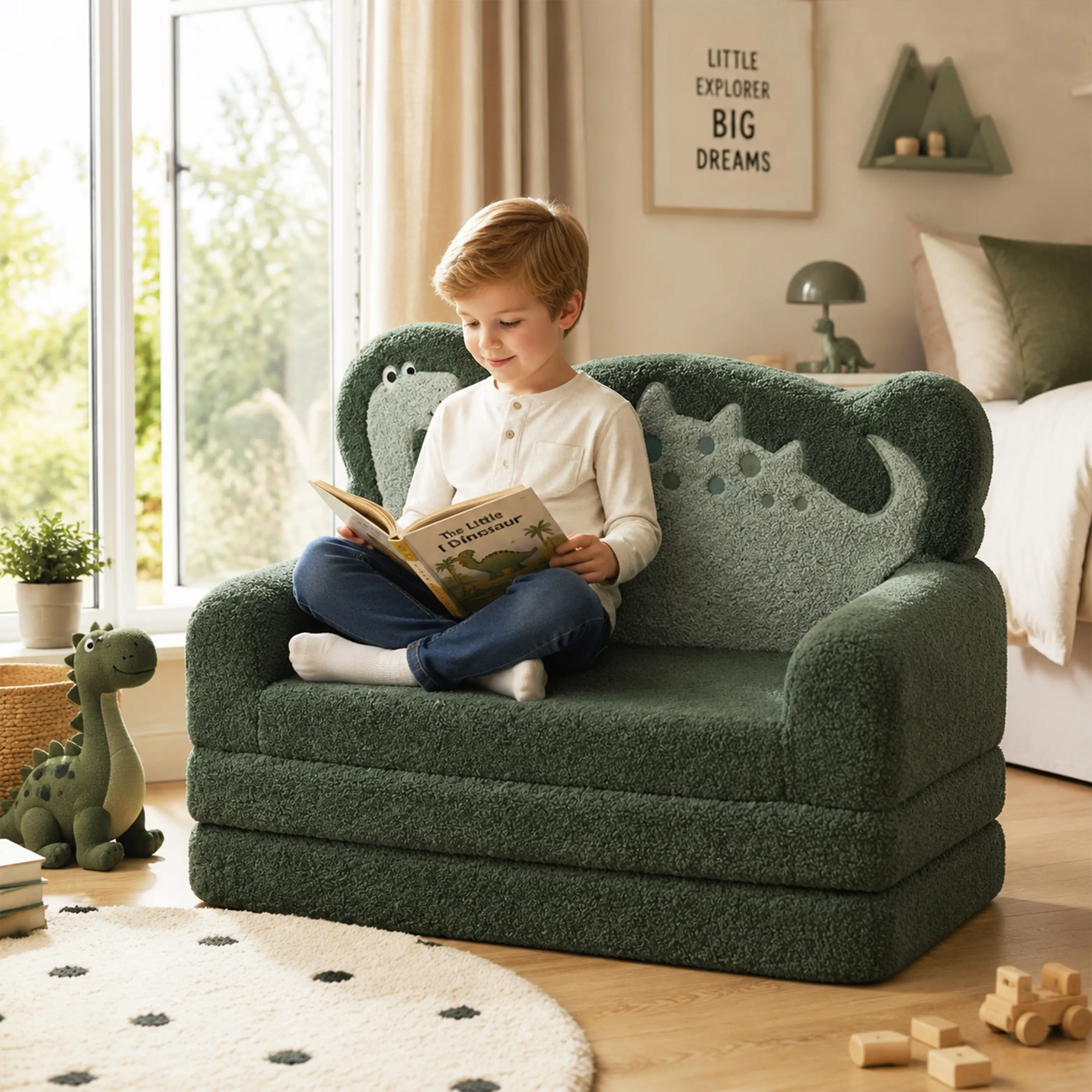 Dinosaur 3 Position Foam Sofa. Seat, Recline, or Flat Sleep. High-Density Foam Retains Shape. Removable Cover. Machine Washable. Non-Slip Base. For Preschool Classrooms, Playrooms, Reading Corners, and Overnight Guests. Ages 2-7.