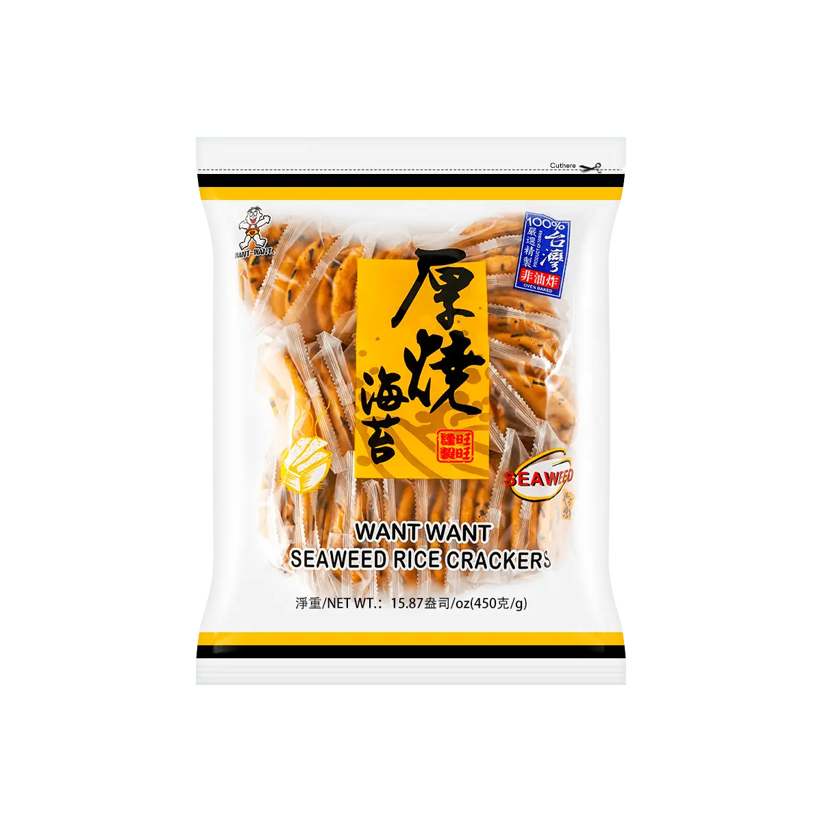 WANT WANT Thick Roasted Seaweed Rice Crackers 450g - Authentic Taiwanese Snack, Crispy & Savory