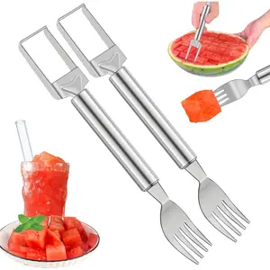 2-in-1 Watermelon Slicer & Fork - 2-Pack Stainless Steel Fruit Cutter Tool for Watermelon, Mango, Pitaya - Portable for Camping, Picnics, Home, Parties - Effortless Cubes & No Mess