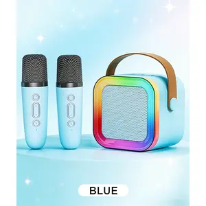 Portable Mini Bluetooth Karaoke Machine with 2 Wireless Microphones, Colorful RGB LED Lights, Cute Design - Perfect for Home Parties, Kids & Family Fun (Blue)