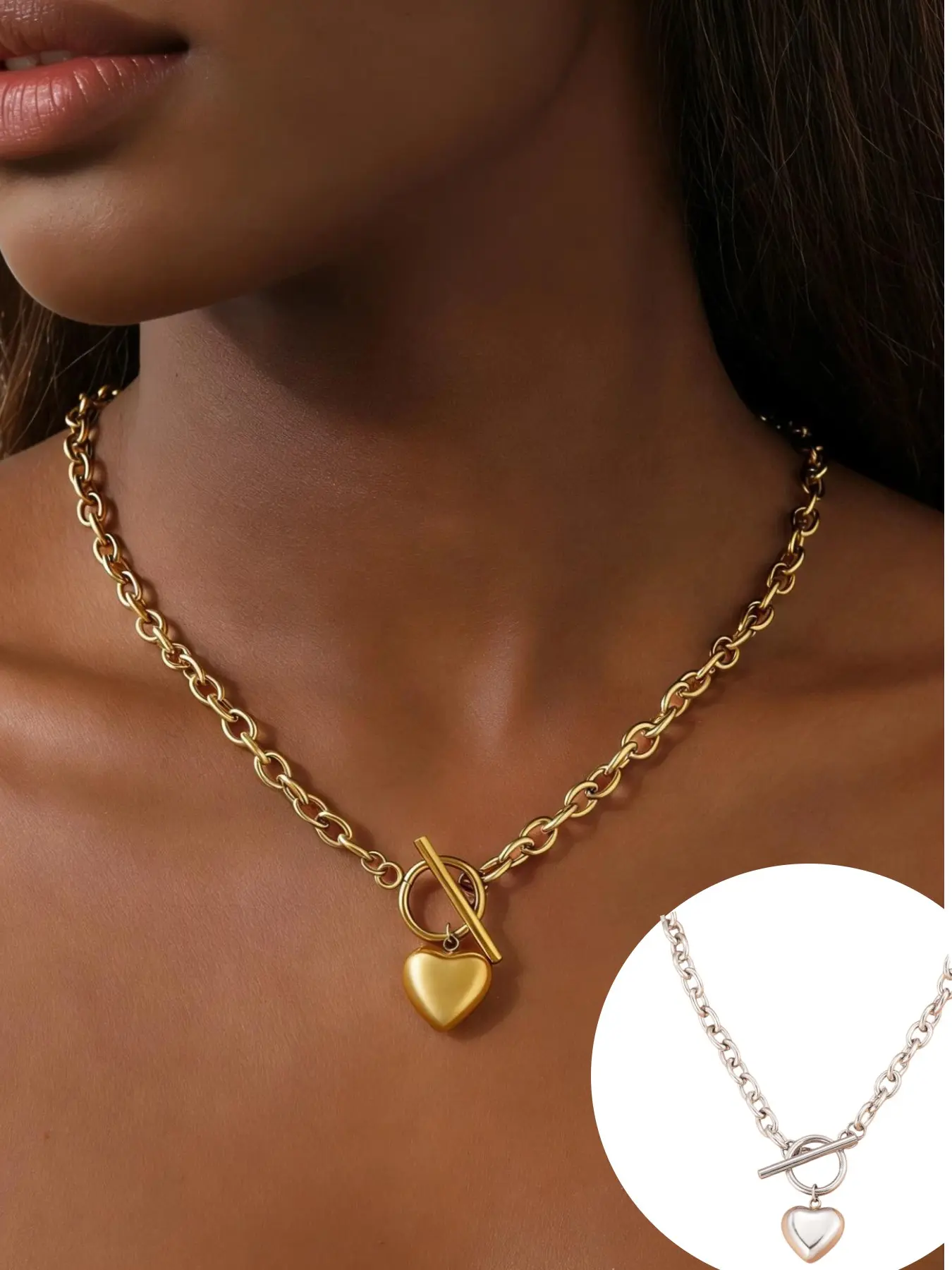 18K Gold Plated Heart Toggle Necklace for Women, Stainless Steel OT Clasp Pendant, Minimalist Chunky Chain Jewelry, Heart Shaped Necklace, Perfect for Daily Wear, Valentine's Day & Gift Giving, Fashion Necklace