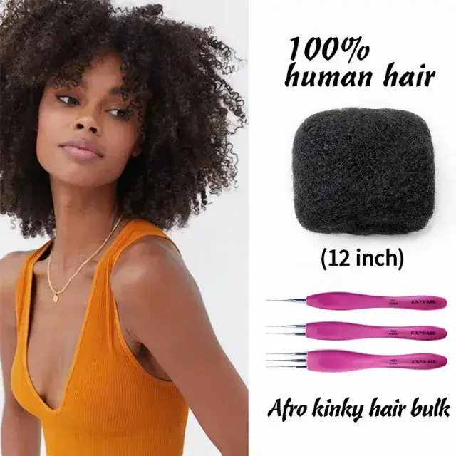 EXYHAIR Afro Kinky Bulk Hair, 100% Human Hair Extensions for Braids and Dreadlocks, 12 Inch Tightly Coiled, 4 Pack Set with Crochet Hook, Bulk Hair Braiding