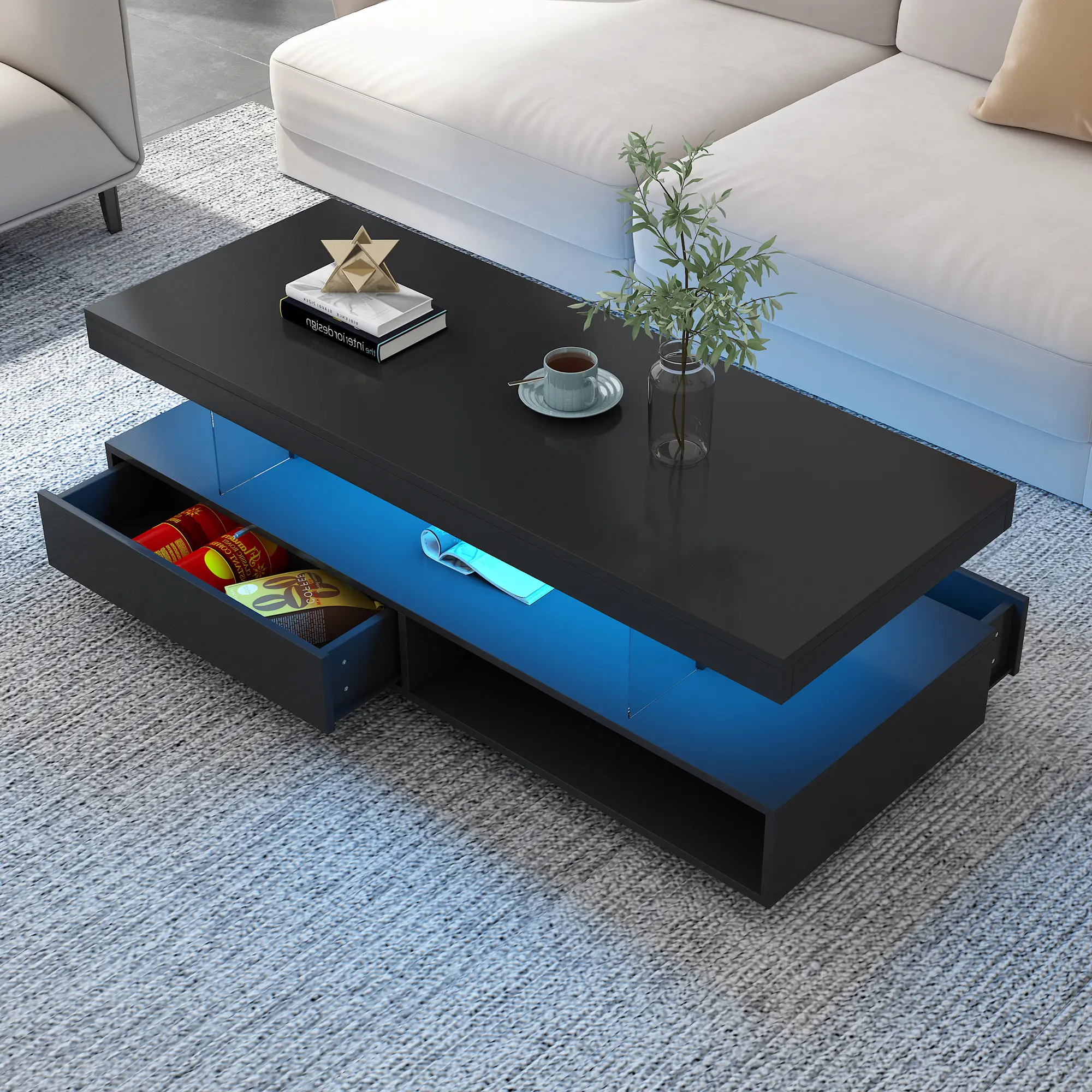 Eyisean 51.2" Wide Rectangular Modern High Glossy LED Coffee Table, Large Living Room Center Table with Built-In Sliding Storage, Open Shelves, Easy Setup Double-Layer Space-Saving Accent Furniture for Apartments