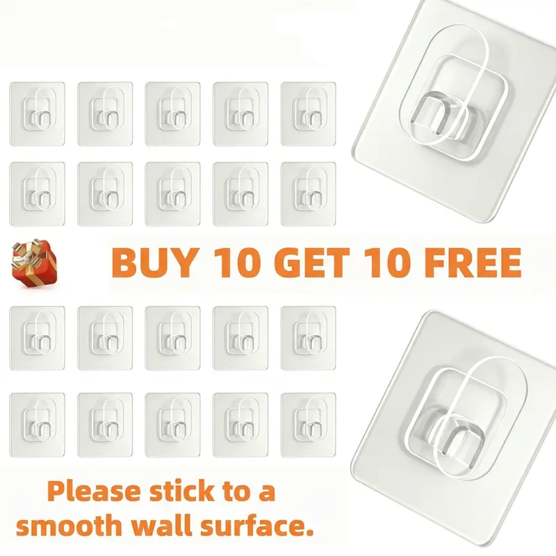 Heavy Duty Durable Adhesive Transparent Acrylic Wall Hanger Hooks (20 Pieces, Buy 10 and Get 10 Free) - Hangable, Smooth, No Drill, Waterproof, Traceless, Removable, Renter-Friendly, Minimalist Home Organiser for Bathroom, Kitchen, Easy Installation