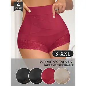 QUASTI 4-Pack Women's High-Waisted Lace Shaping Panties, Soft Solid Color, Tummy Control & Butt Lifting Sexy Panties, Crisscross Design, Invisible High-Elastic Fabric, Suitable For Everyday Wear, Minimalist Style, XS-XXL summerwins