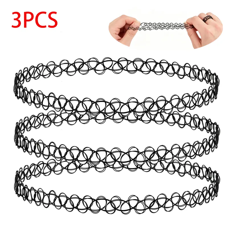3pcs 90s Vintage Tattoo Choker Necklace Set, Retro Black Elastic Gothic Collar Stretchy Necklace Bracelet and Ring Set Costumes & Daily Wear Jewelry for Women backtoschool