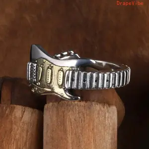 Silver Initial Rings - Statement Multi Ring, Electric Guitar Design, Rock-Punk & Hip-Hop Style, Personalized Fashion Accessory for Sports & Outdoor Fan Shop Enthusiasts