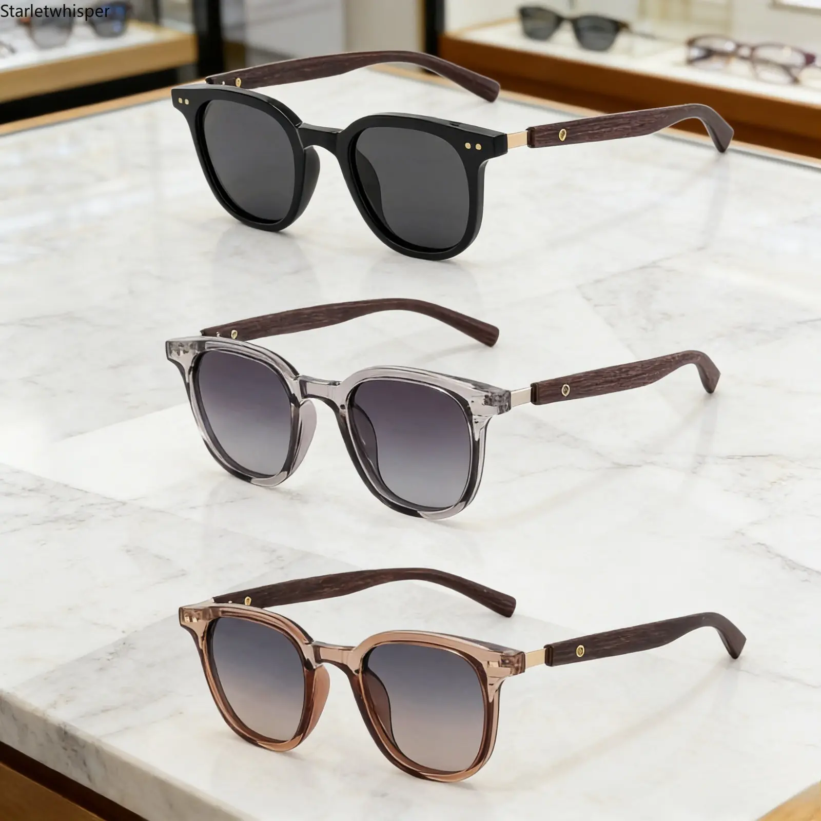 Women's 3-Pack Dark Brown Retro Wood-Leg Square Frame Glasses, UV400 Protection Stylish Shades, Face-Flattering for Round Faces, Ideal for Daily & Outdoor Casual Use