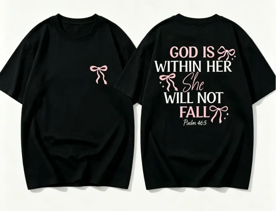 God Is Within Her She Will Not Fall T-Shirt with Pink Bow Design for Women