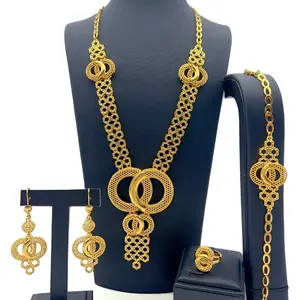 Women's Elegant Bold Glam African Dubai Gold Filigree Jewelry Set - Adjustable Fit, Fringe Pendant Chain Necklace, Plug Earrings, Bracelet, Double-Rings - for Weddings, Evening Wear,summervibes