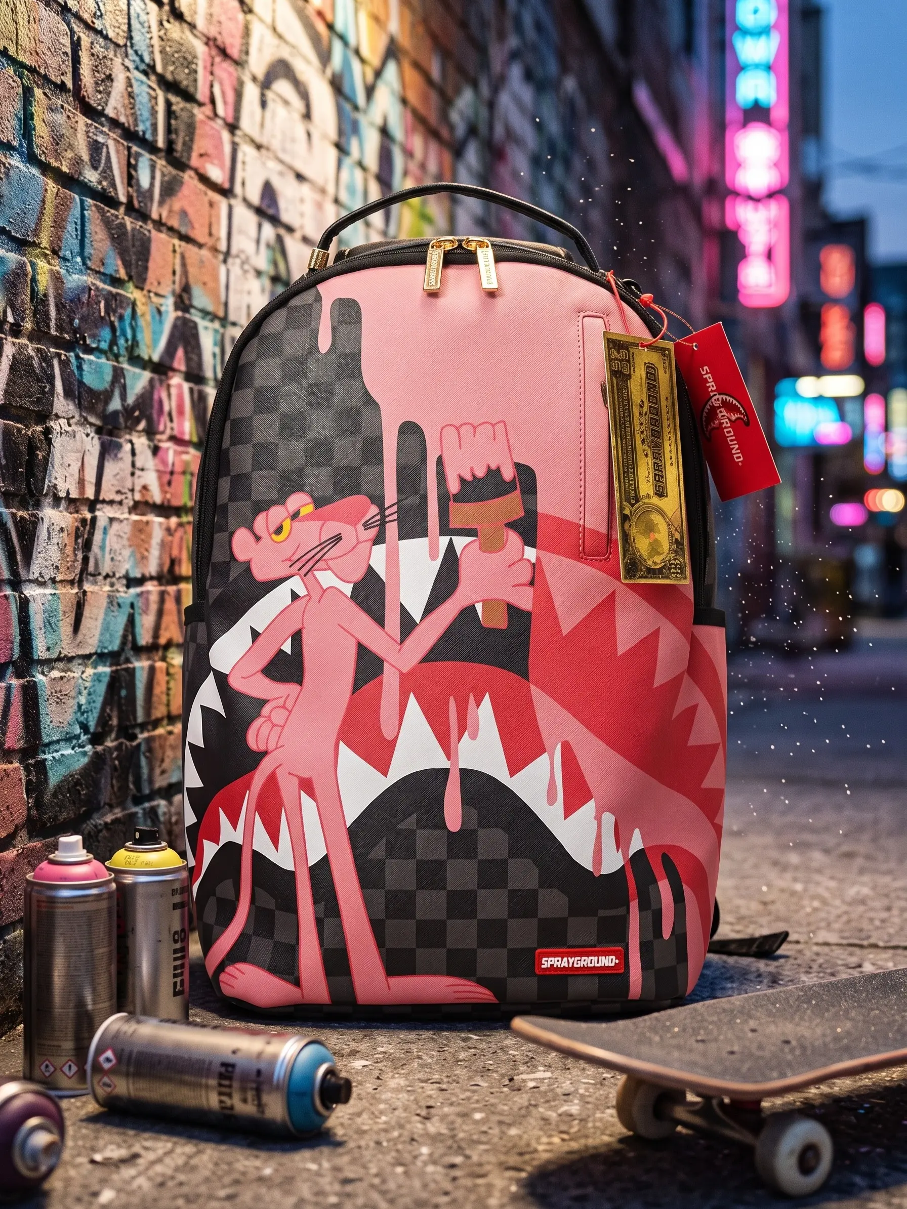 SG Pink Shark-Mouth Checkerboard Graffiti Streetwear Backpack, Large-Capacity Gym Bag for Men and Women, Ideal for School Travel