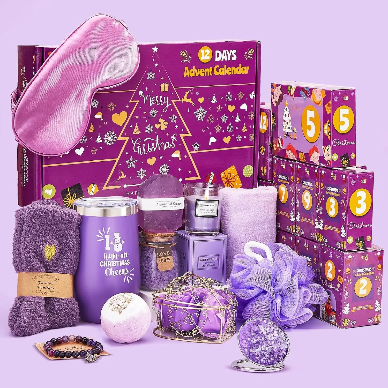 2025 12 Days of Christmas Advent Calendar Unique Lavender Spa Gift Basket Set for Women Mom Wife Girlfriend Sister Her Includes Coffee Mugs Scented Candle Bath Salt Soap