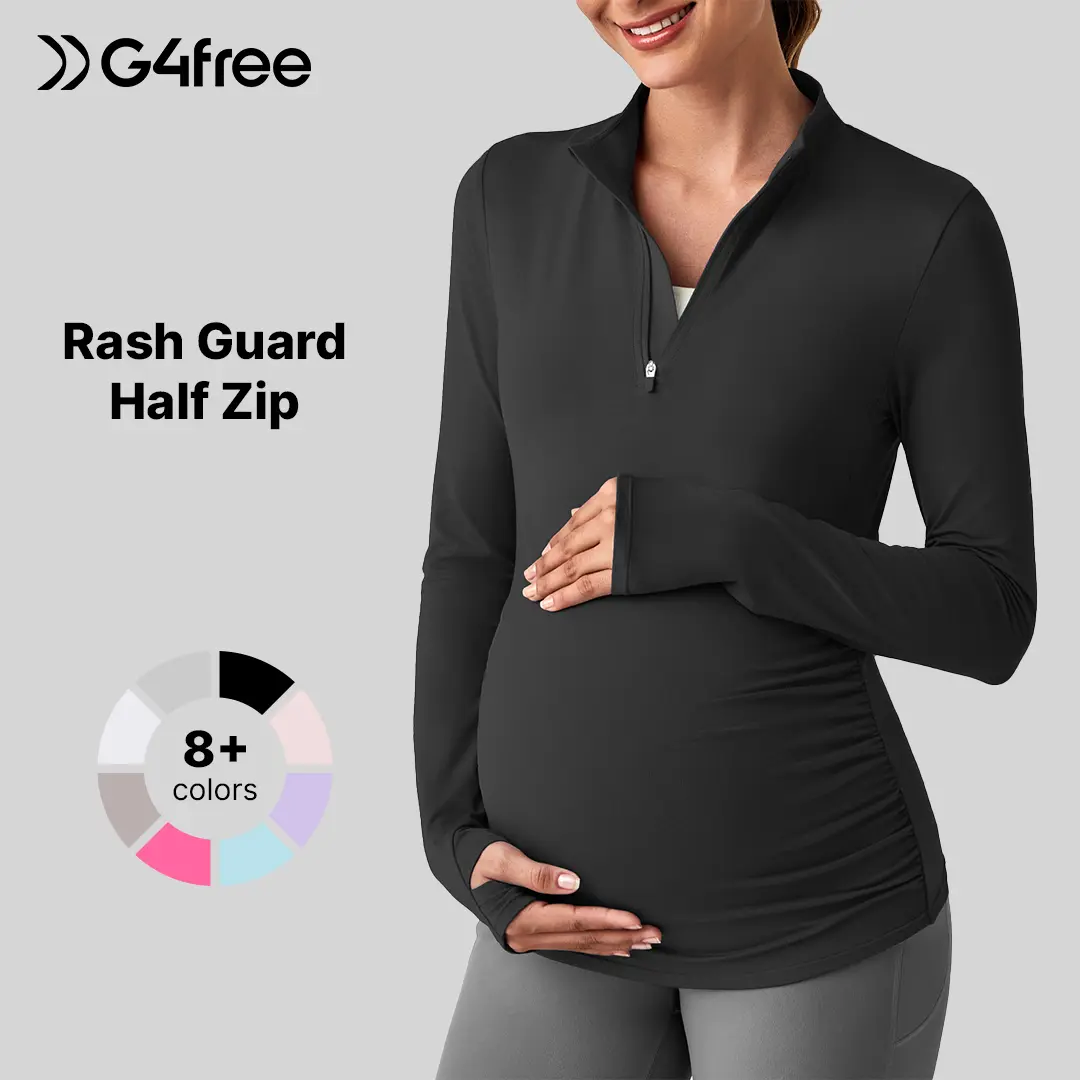 G4Free Women's Lightweight Maternity Long Sleeve Half-Zip Pullover, UPF 50+ Rash Guard Sun Shirt with Ruches, Maternity Clothing for Postpartum Outfits
