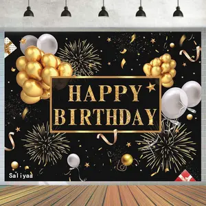7x5ft Happy Birthday Backdrop Banner, Birthday Party Decor,Black Gold Poster Photo Booth Backdrop Background Banner for Men Women 30th 40th 50th 60th 70th 80th Bday Party Supplies