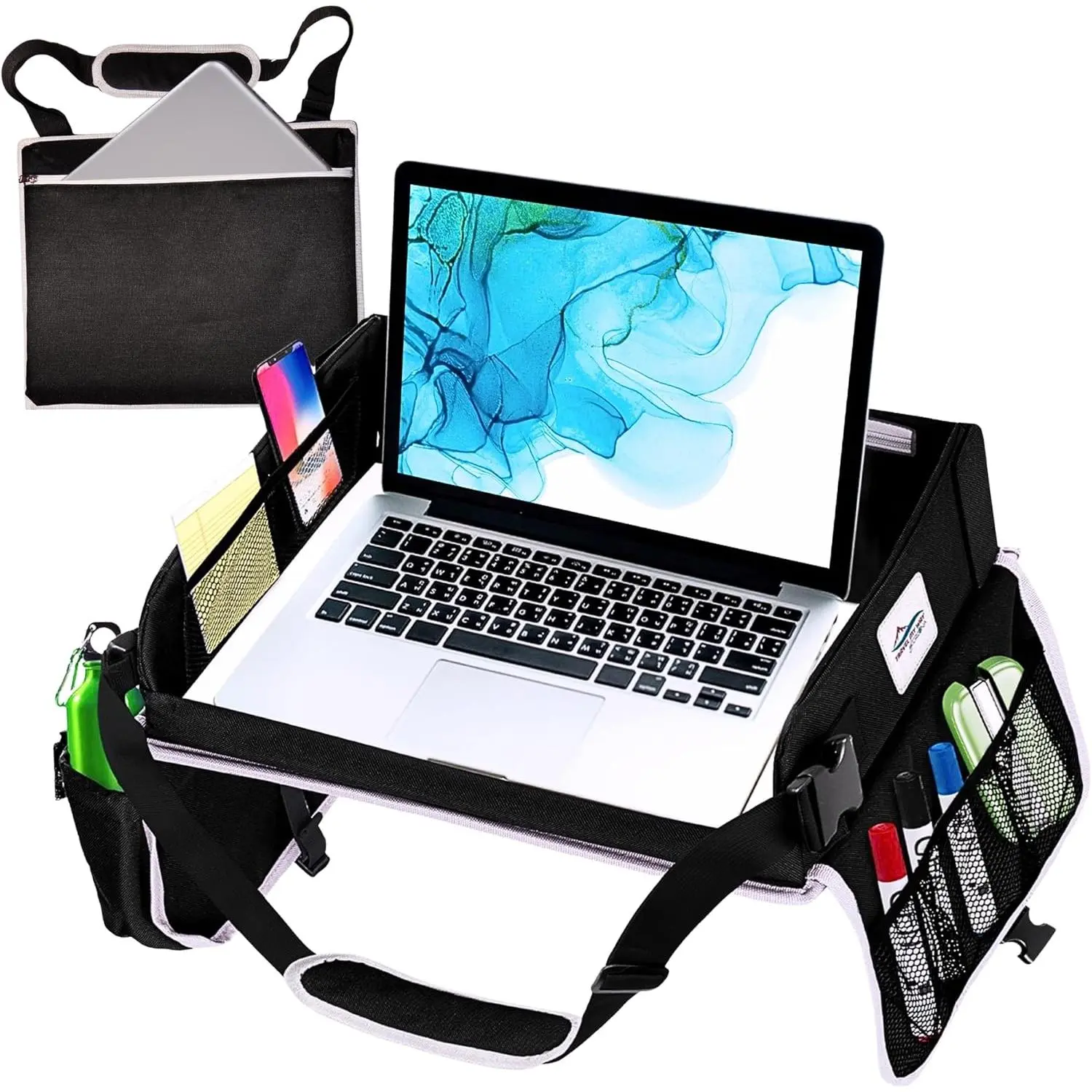 Travel Lap Desk, Travel Tray, Portable Lapdesk for , Remote Work, Road Trips, School, Laptop Pad with Storage Pocket, Tablet Holder,  Strap, Fits up to 15.6-Inch Laptop (Black)