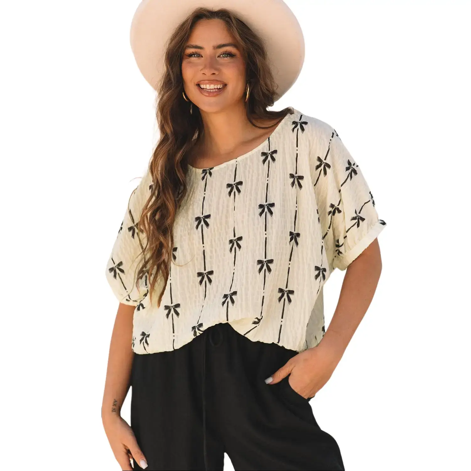 Beige Bow Print Puff Short Sleeve Top