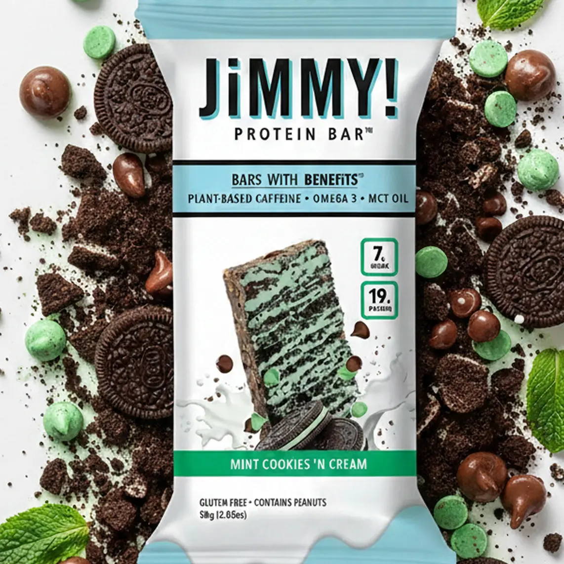 JIMMYBAR! Mint Cookies 'n Cream Protein Bar - 19g Real Food Protein, 7g Low Sugar, Plant-Based Caffeine, Gluten-Free Functional Snack with Chocolate, Peanut, Cookie Dough for Wake & Focus