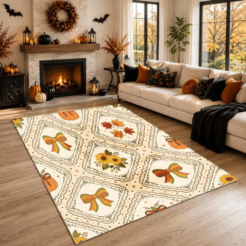 Autumn Harvest Pattern Large Area Rug, 5X7 Ft, Soft Woven Fabric, Non-Slip Fall Decor With Pumpkins And Bows, Living Room Fireplace
