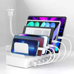 Fast Charging Station for Multiple Devices, 50W 6-Port USB Charging Station with 14 Slots, 7-Detachable Dividers ,  Multi-Function Charging Station for Phones/iPad/Tablets (6 Short Cables Included) White