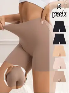 Simple Solid Color Safety Pants, Micro-Compression Underwear, Comfortable Breathable Yoga Bottoms, Waist Cinching Seamless Women's Corsets, 5 Pcs Set