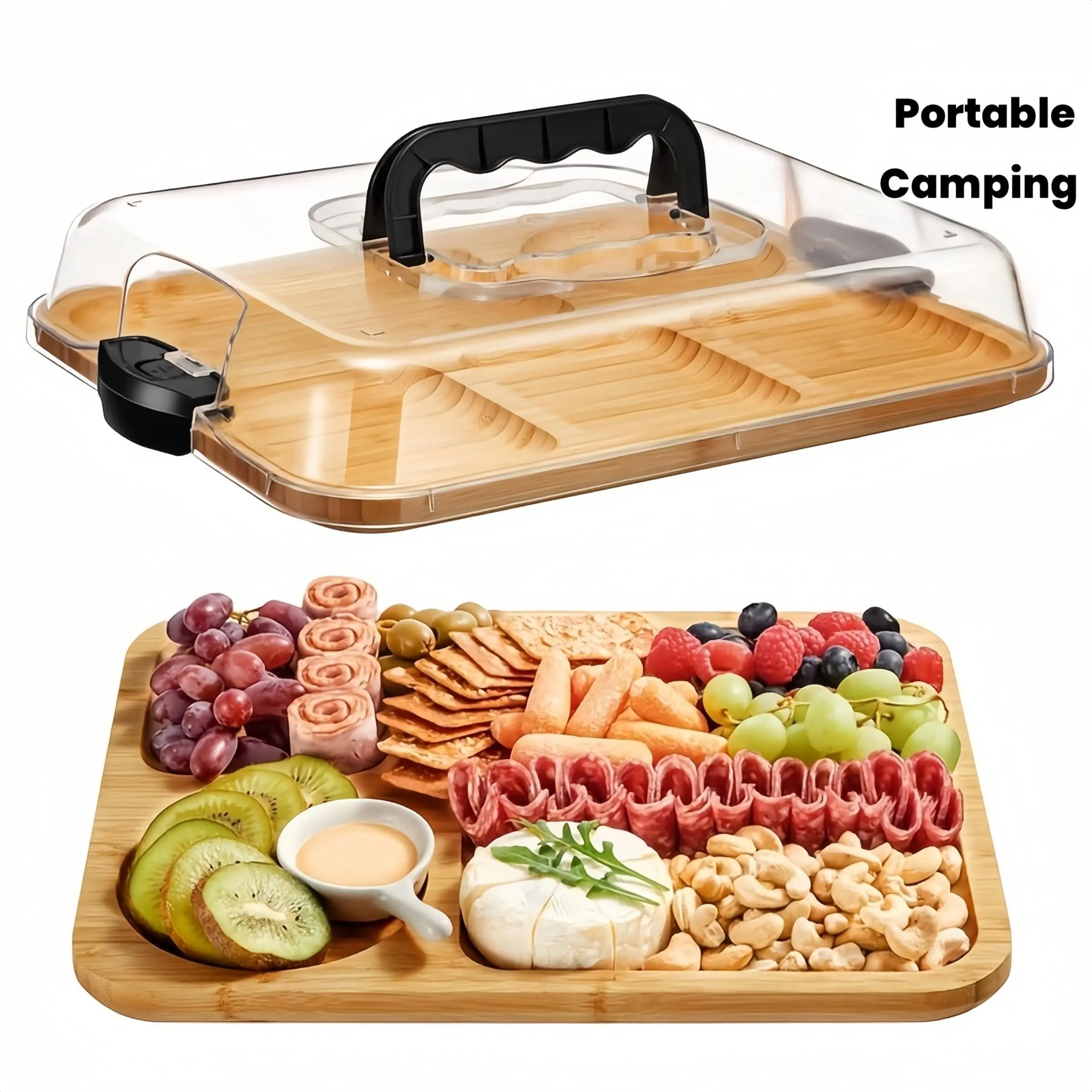 Bamboo Serving Tray with Handle, Lid and Cover, Portable Handheld Leak-Proof Design, Leakproof Food Container, Easy Clean, Modern Style, Perfect for Kitchen, Camping, Holidays, Leakproof Kitchen Containers