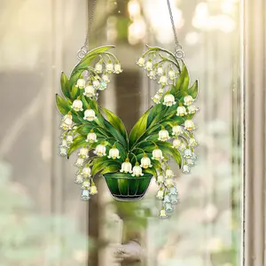 Lily of the Valley Suncatcher Acrylic Window Hanging Decor, Flower Wreath Suncatcher Stain Glass Effect, Mothers Day Birthday Gift for Women Mom