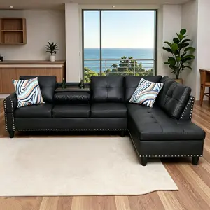 L-Shaped Combination Sofa Set, Luxurious Synthetic Leather Living Room Couch, 2 Pillows, Cup Holder, Faux PU Leather, Suitable for Modern Decor, Living Rooms, Bedrooms, Apartments, and Offices