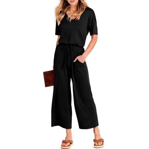 ANRABESS Women's Summer Casual Jumpsuit - Short Sleeve, V-Neck, Elastic Waist, Wide Leg, Cropped, with Pockets Breathable Smooth