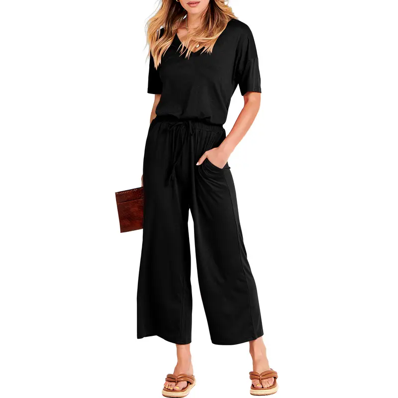 ANRABESS Women's Summer Casual Jumpsuit - Short Sleeve, V-Neck, Elastic Waist, Wide Leg, Cropped, with Pockets Breathable Smooth