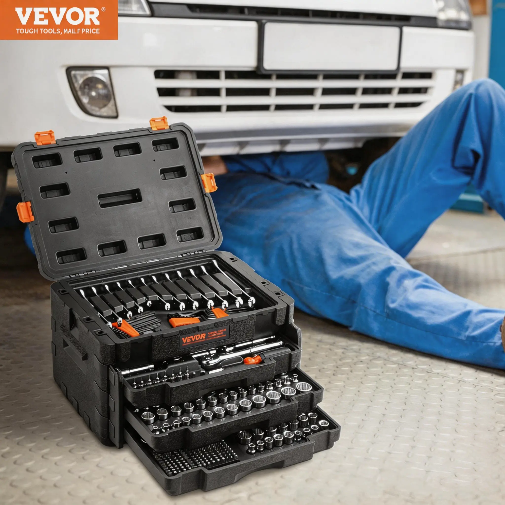VEVOR Mechanics Tool Set Tool Box Socket Set, Mechanic Tool Kit 1/4" 3/8" 1/2" Drive Deep and Standard Sockets, SAE and Metric Mechanic Tool Kit with Bits, Hex Wrenches, Combination Wrench, Accessories, Storage Case