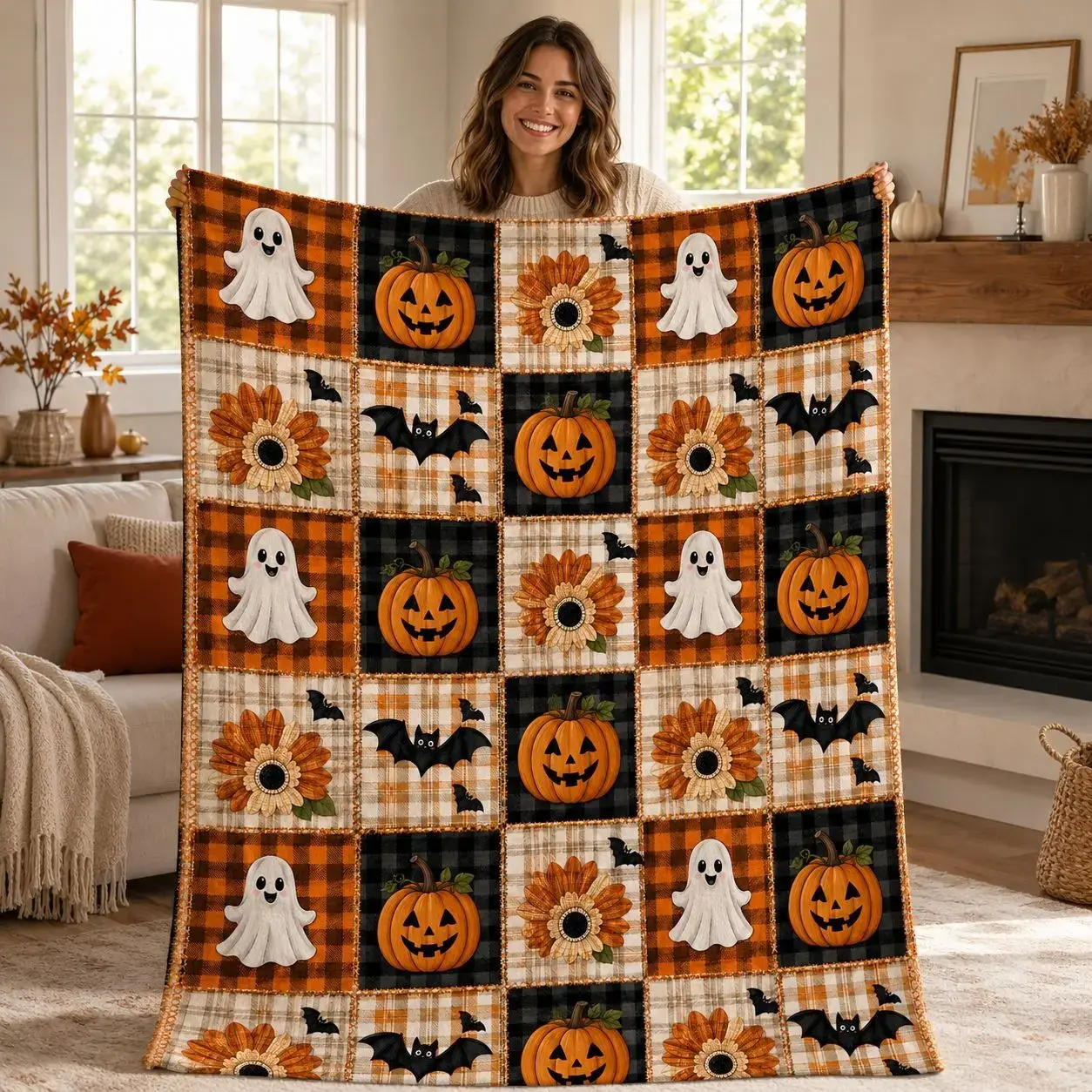 1pc Retro Plaid Halloween Pumpkin Ghost Bat Sunflower Fleece Blanket, Patchwork Grid Print, American Country Vintage Style. Soft Multi-use Graphic Throw Blanket for Sofa, Bed, Office, Camping, Ideal for Halloween Gifts, Fall Blankets.