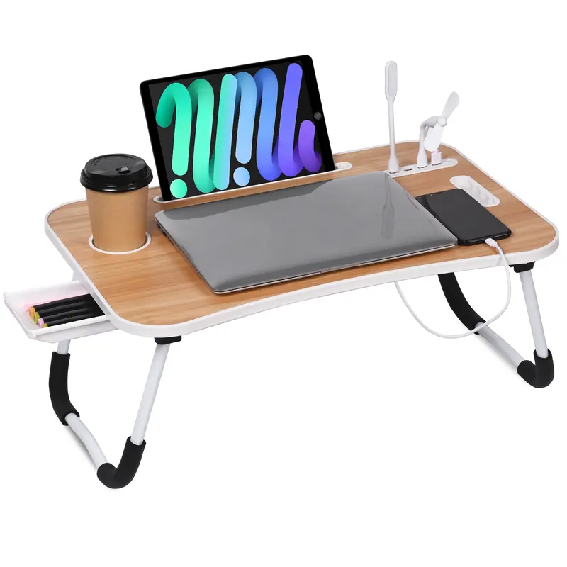 Folding Bed Table Tray - Sturdy Computer Desk with 23.5" x 15.7" Top, Fold-Flat 1.77" Design, Cup Holder, Tablet Slot, Lifting Handle for Work/Write/Eat (Black) Laptop Stand