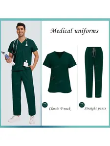 Practical Set for Men's Work Solid Color Scrubs Set Stretch Quick Dry Straight Pants Doctor Nurse Operating Room Workwear Uniforms