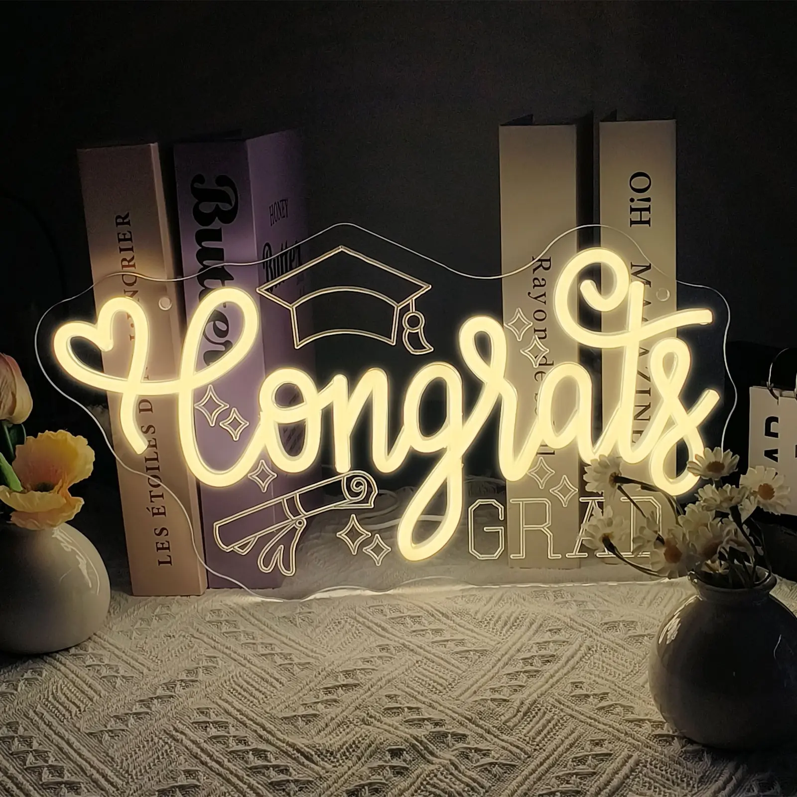 Graduation Congratulatory Neon Light Sign — Engraved Mortarboard Design — Wall Art Decor for Classrooms & Dorms — Graduation Ceremony Decoration — Gift for Graduates — Congrats Neon Sign