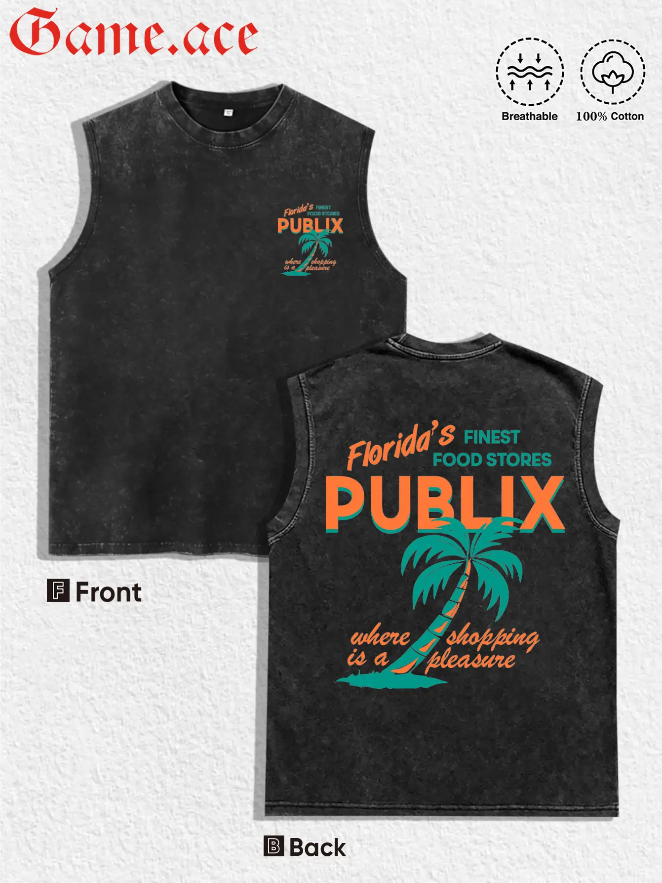 1 PCS "Publix Florida's Finest" Palm Tree Graphic Print, Retro Florida-Inspired Casual Streetwear, 100% Cotton Breathable Unisex Vest, Ideal for Daily Wear & Sunshine State Fans