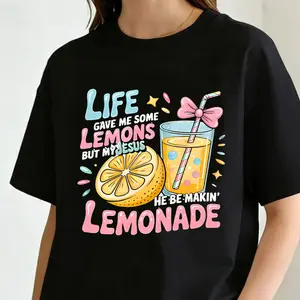 Women's Fun Christian Faith T-Shirt- "Life Gave Me Lemons, But Jesus Made Lemonade" Bible Verse Design with Lemon and Lemonade Print, Breathable Short Sleeve Round Neck Casual Top, Black Inspirational Christian Clothing